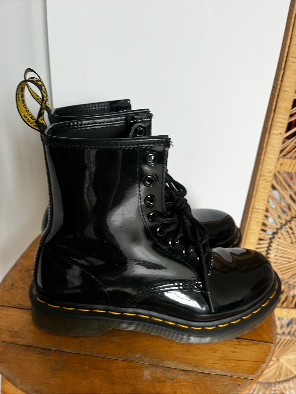 Dr. Martens Black Patent Leather Lace-Up Boots with Yellow Stitching